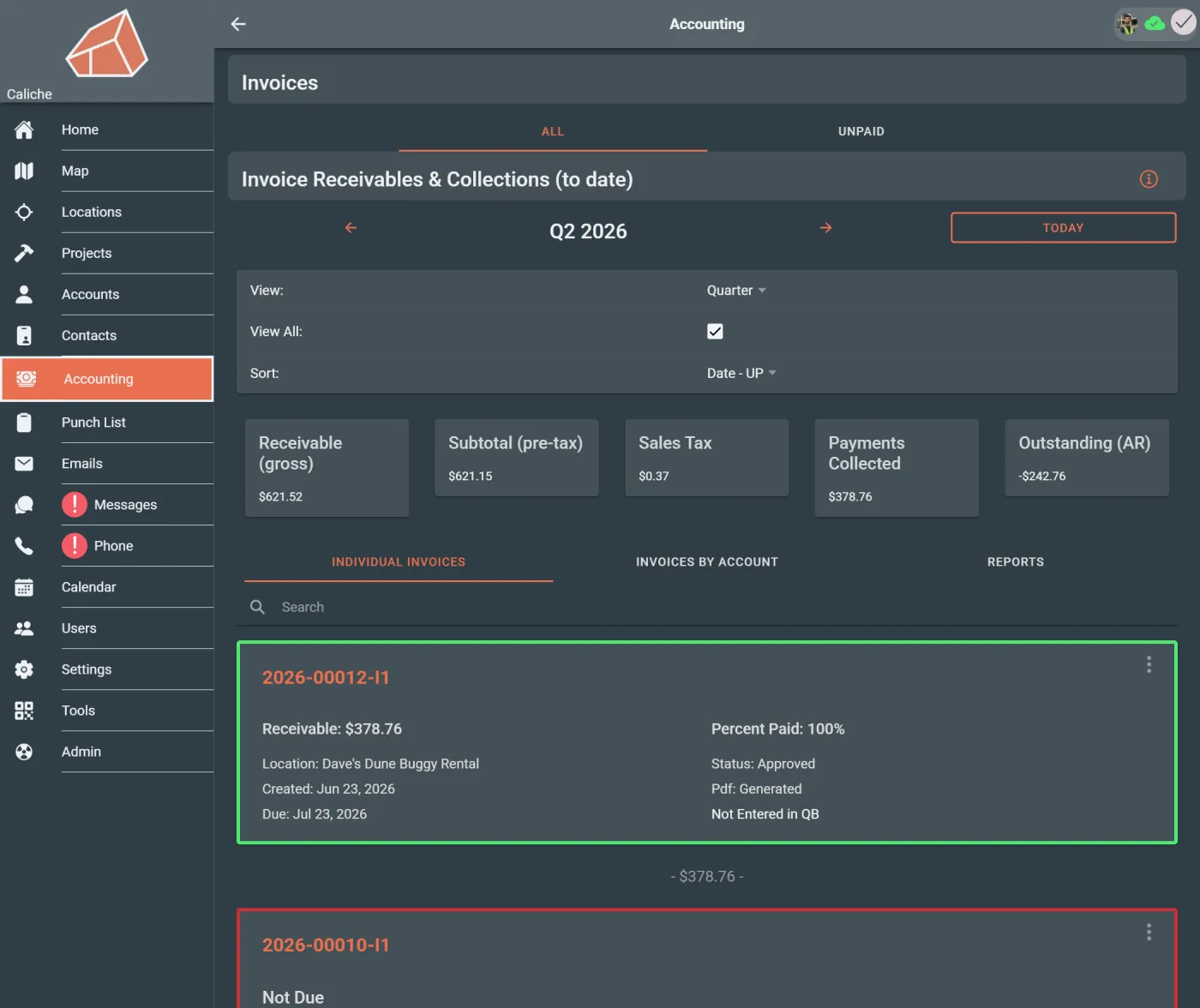 Admin invoices list showing invoice balances and unpaid invoices.