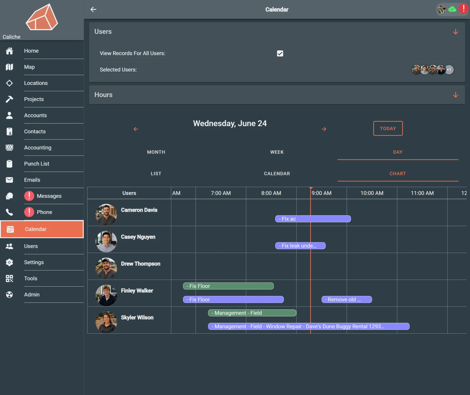 Calendar day view showing scheduled construction work and crew assignments.