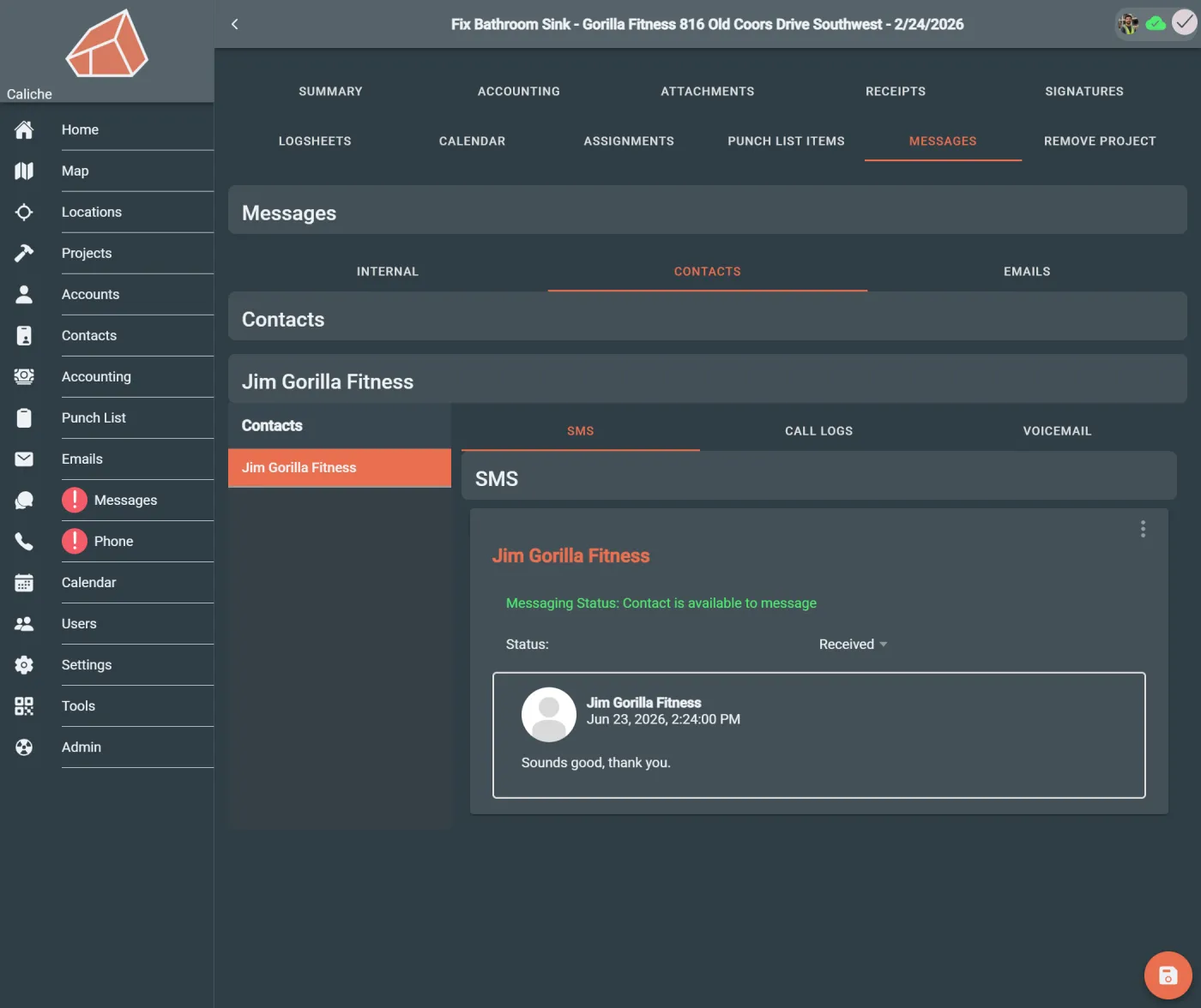 Contact communication panel showing customer history and related records.