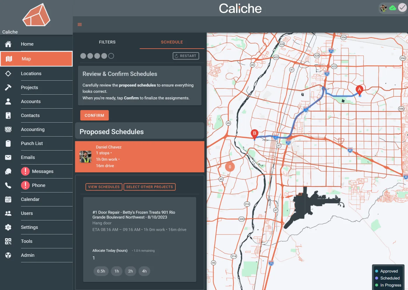 Distance calculator panel comparing mapped field work locations.