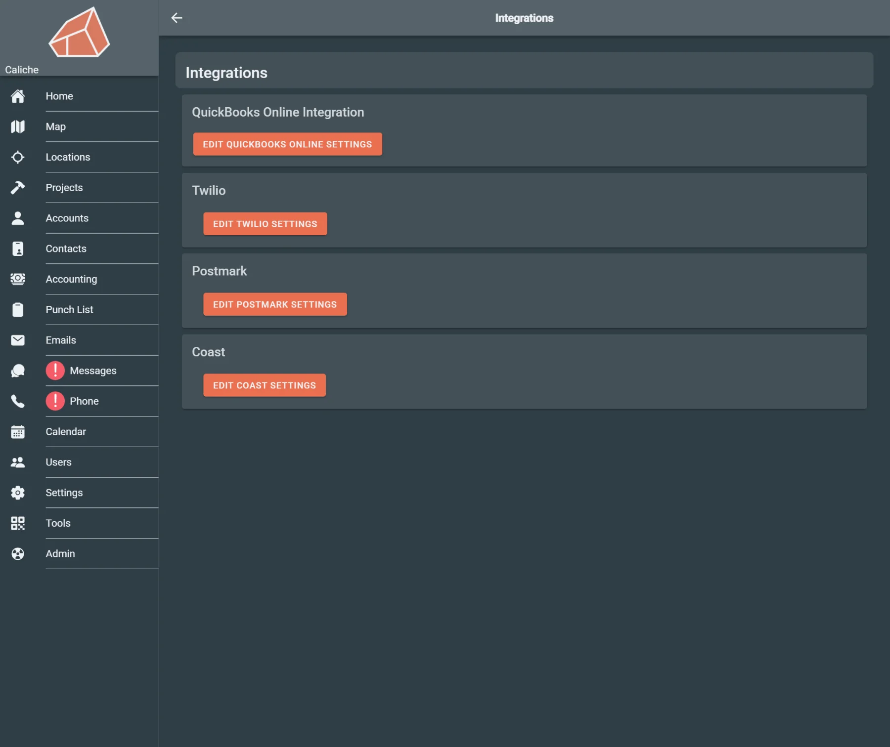 Integrations settings page showing connected contractor office systems.