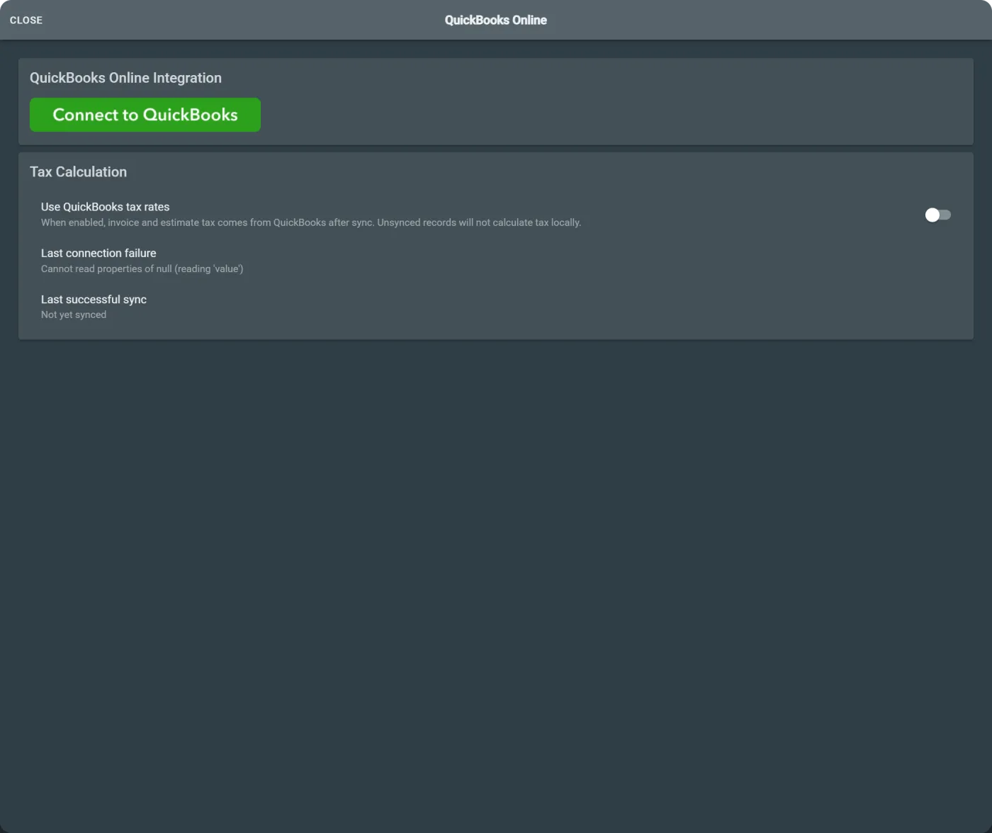 Intuit authorization component showing QuickBooks connection status.