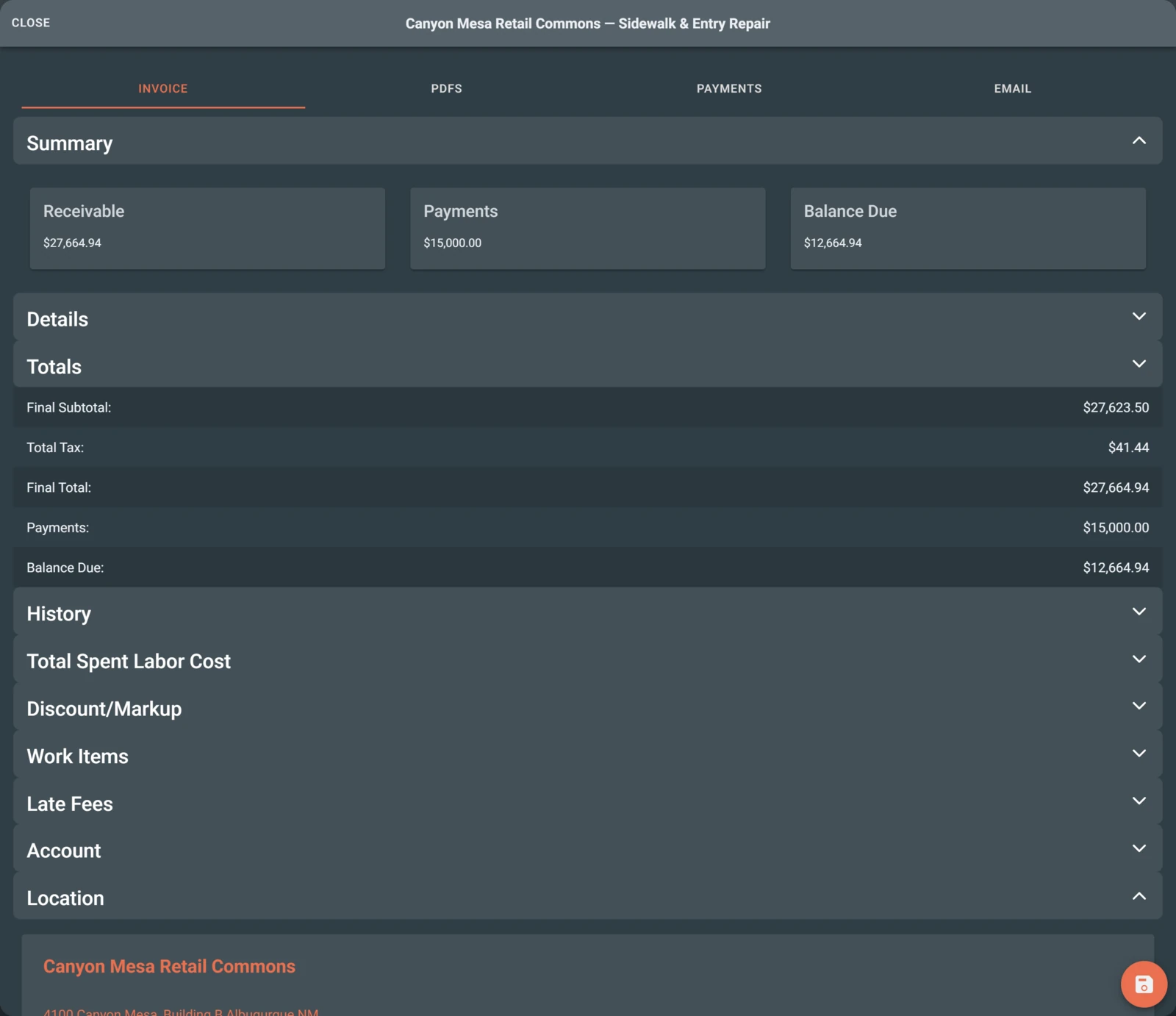 Invoice screen showing payment recorded against the receivable and remaining balance.
