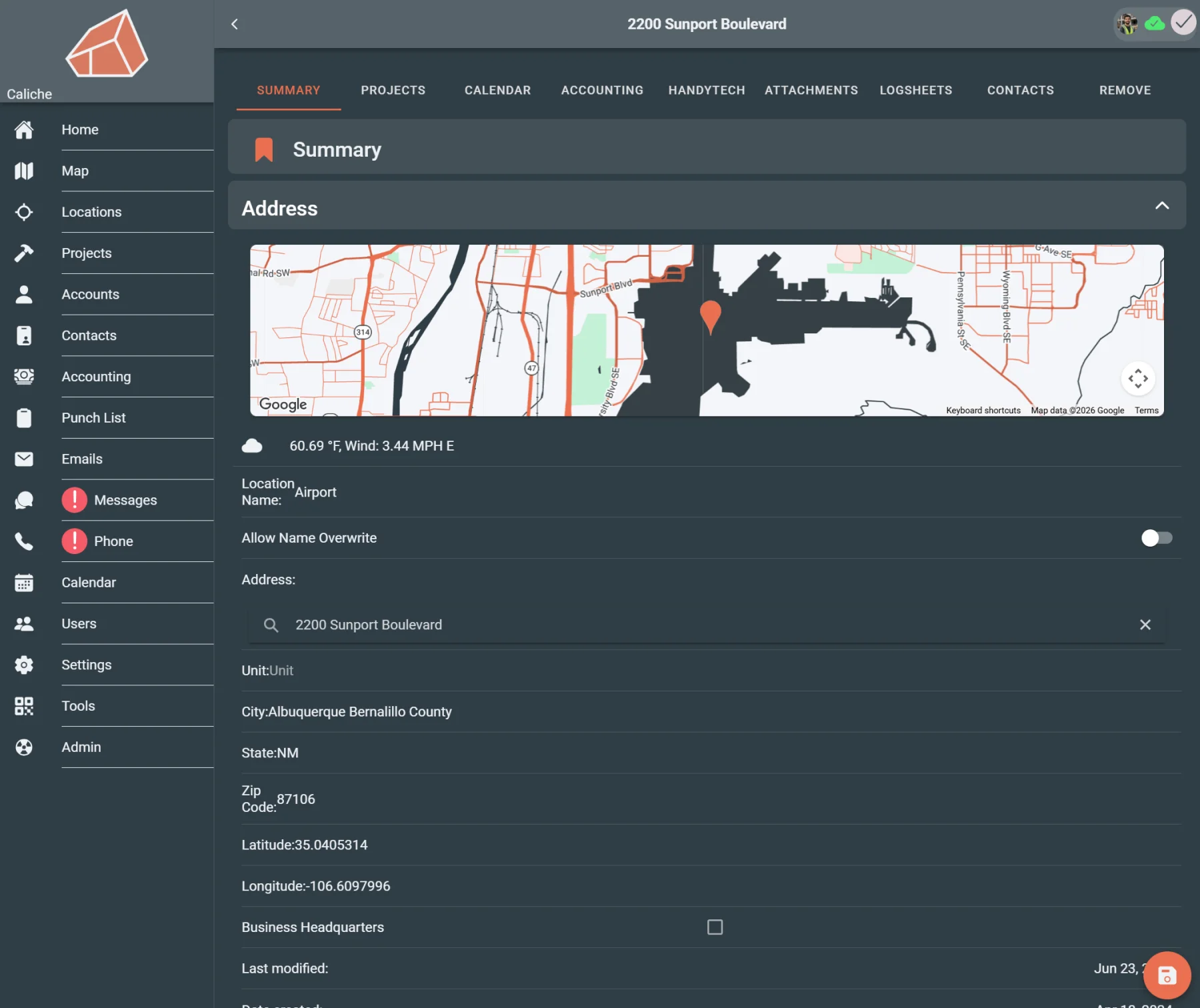 Location record card showing jobsite details and related project information.