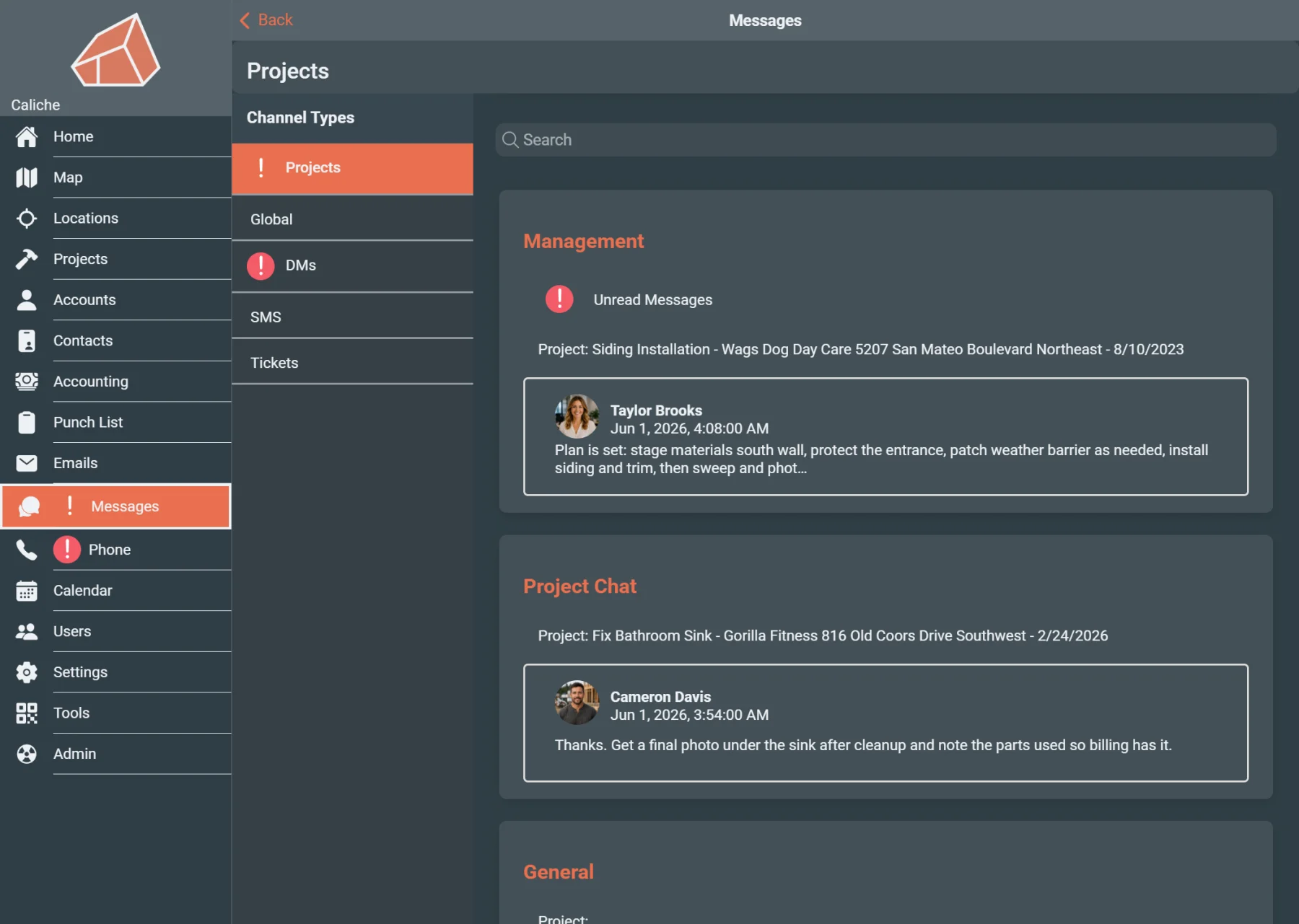 Message channel view showing a construction communication thread.
