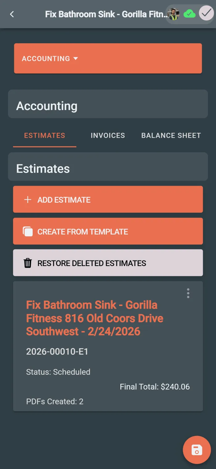 Mobile accounting tab selector showing construction accounting navigation.
