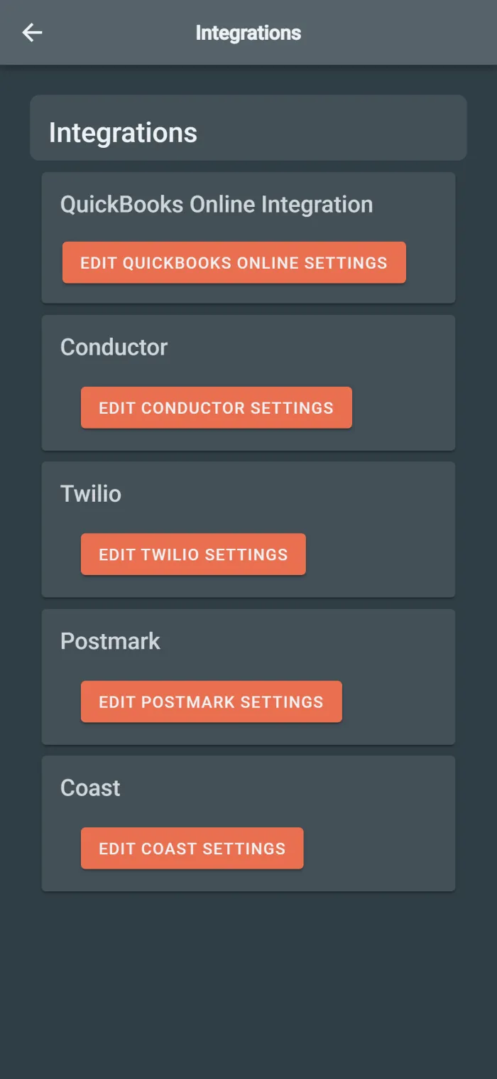 Mobile integrations page showing connection status.