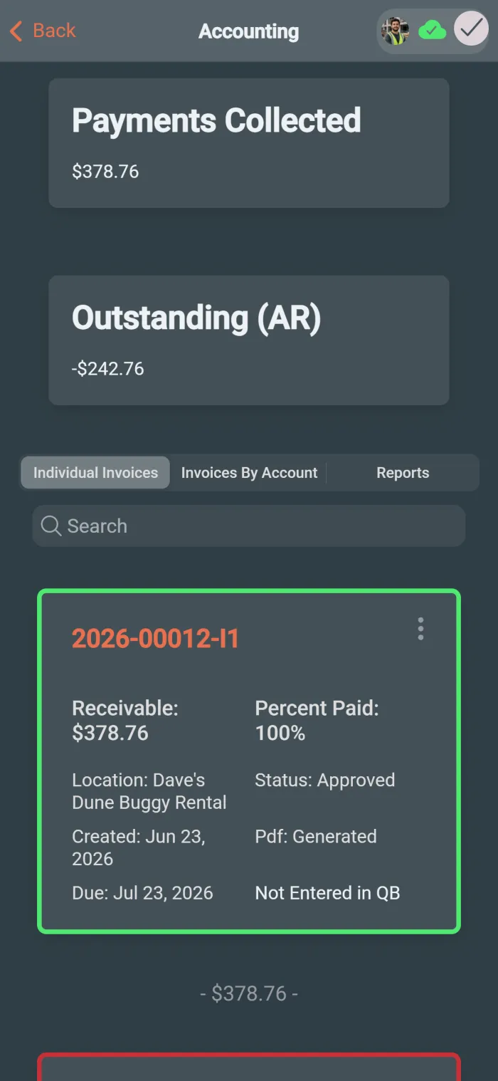 Mobile invoice list showing contractor invoice records.