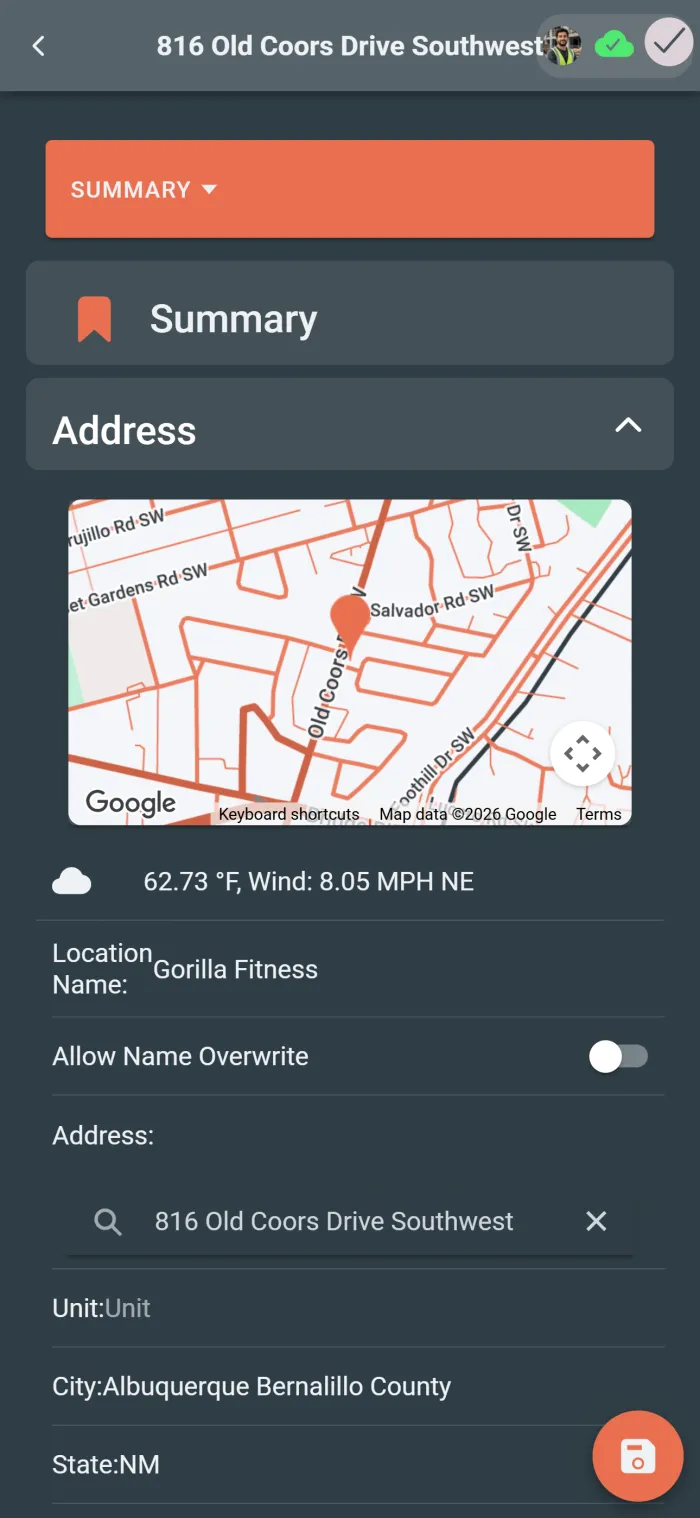 Mobile location card showing jobsite information.