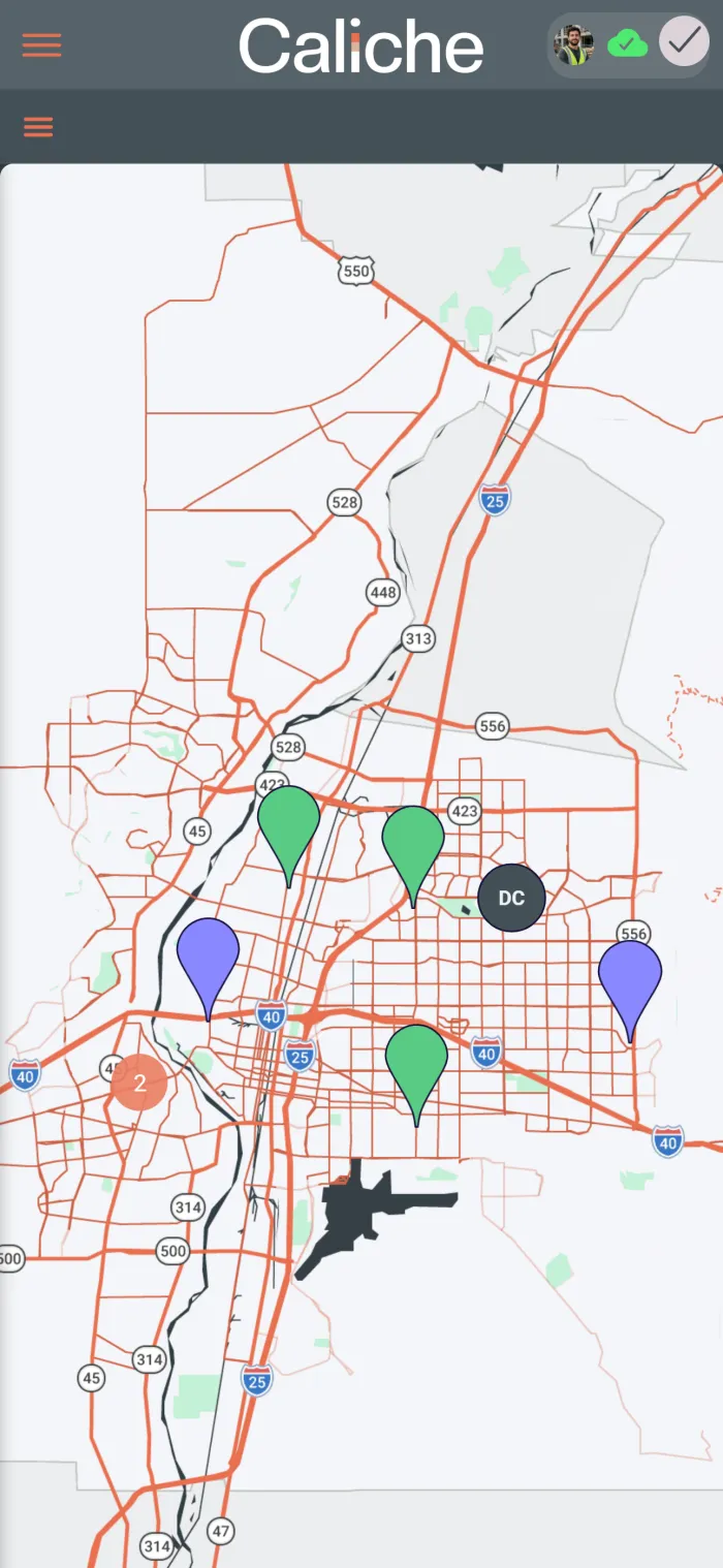 Mobile map marker search showing field planning results.