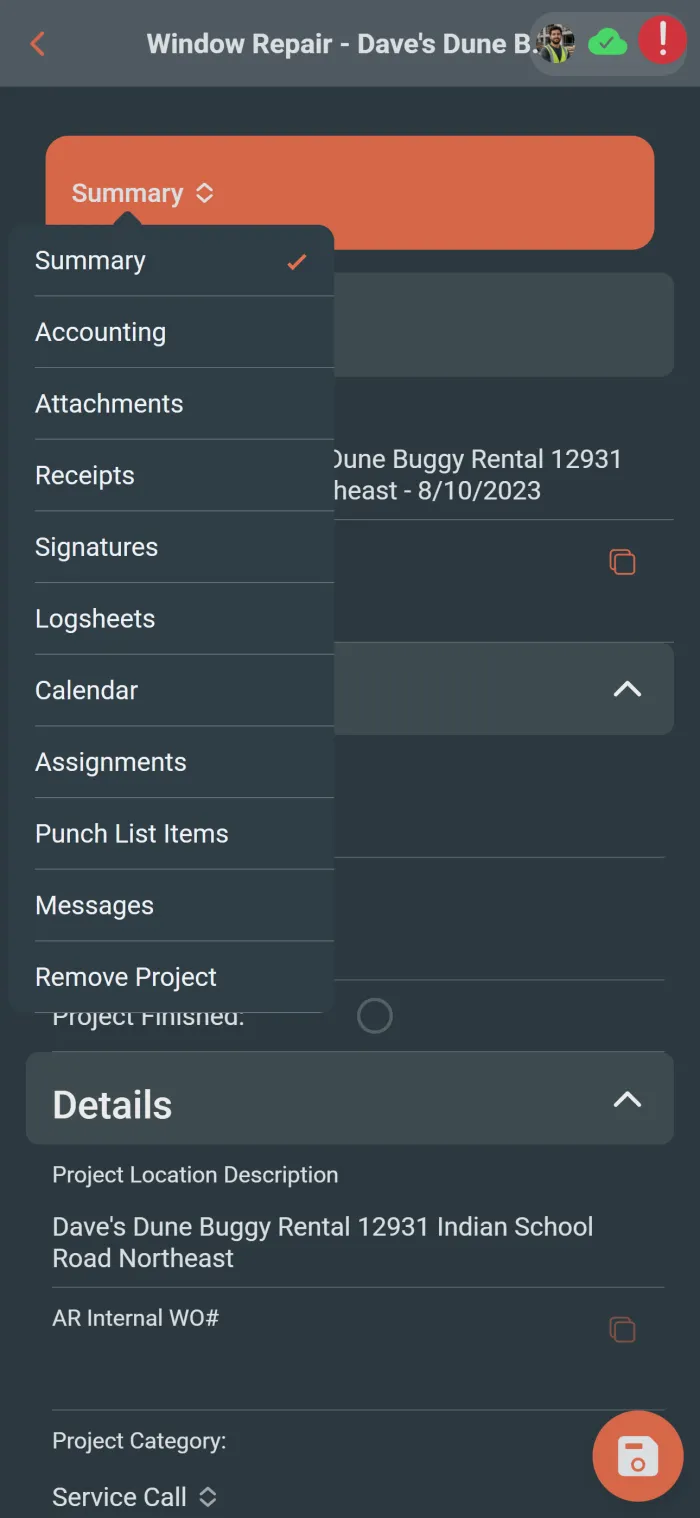 Mobile project tab selector showing project workspace navigation.