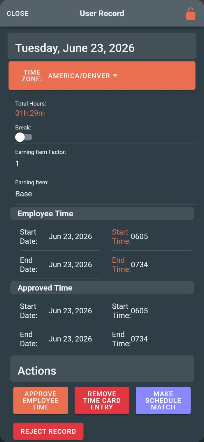 Mobile time card or assignment review screen showing field labor context.