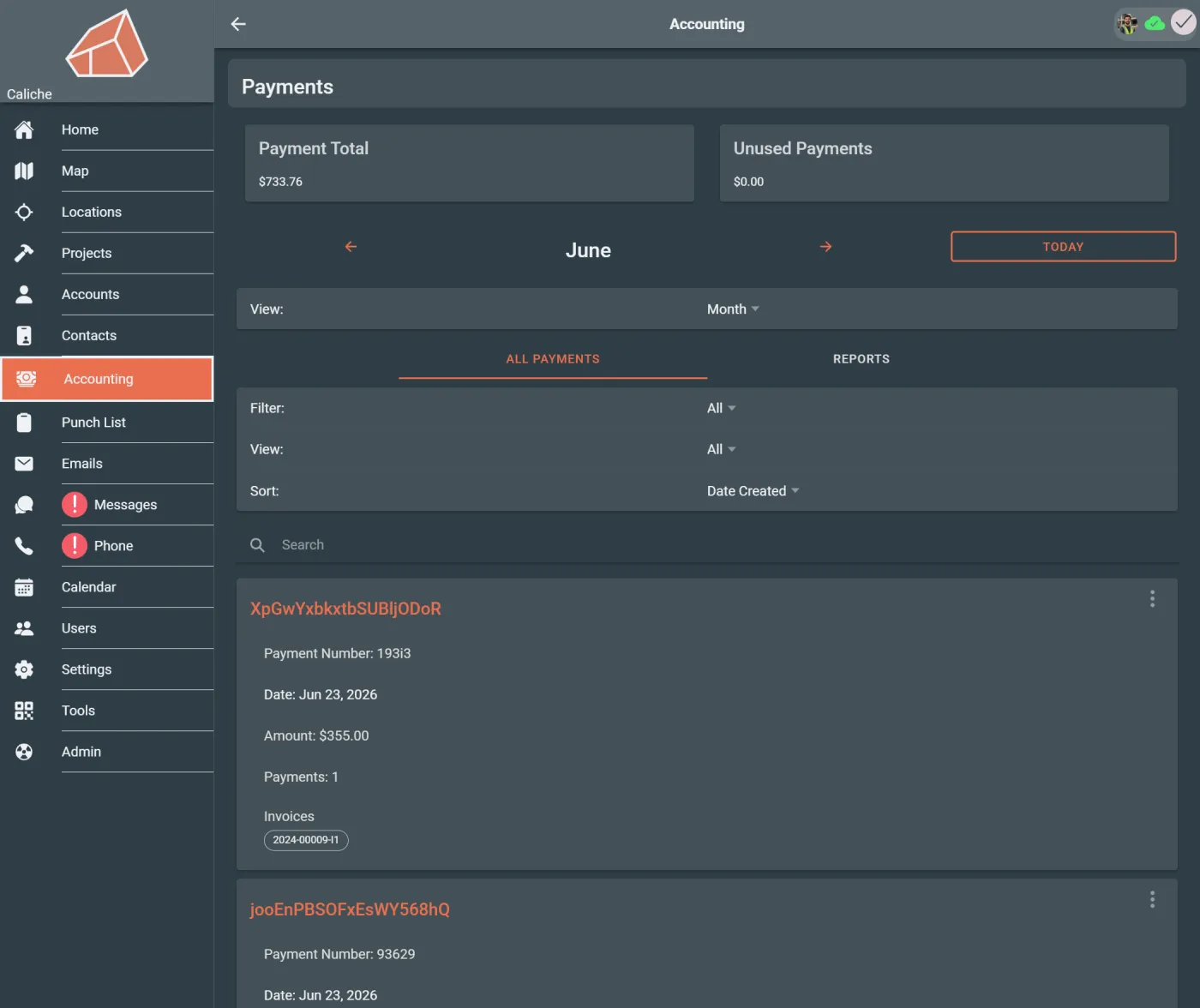 Payment records view showing contractor payment status and balances.