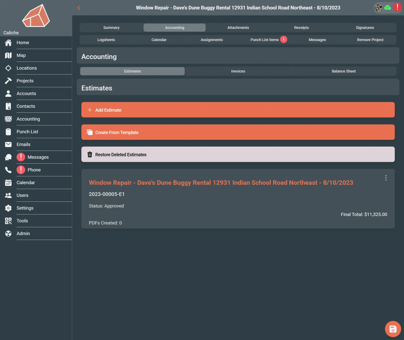 Project accounting tab showing billing and payment context for a project.