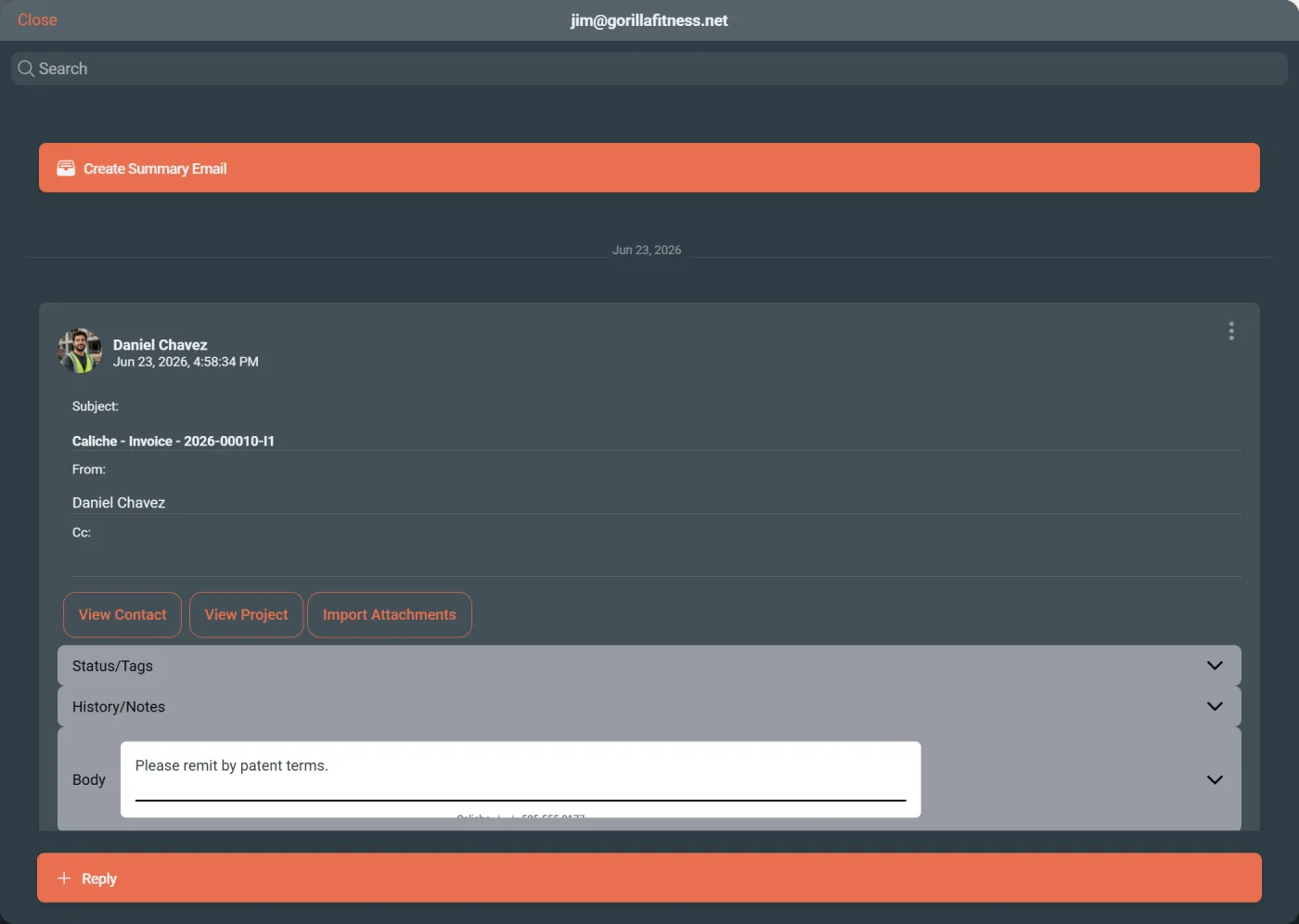 Project email view showing messages connected to a construction project.
