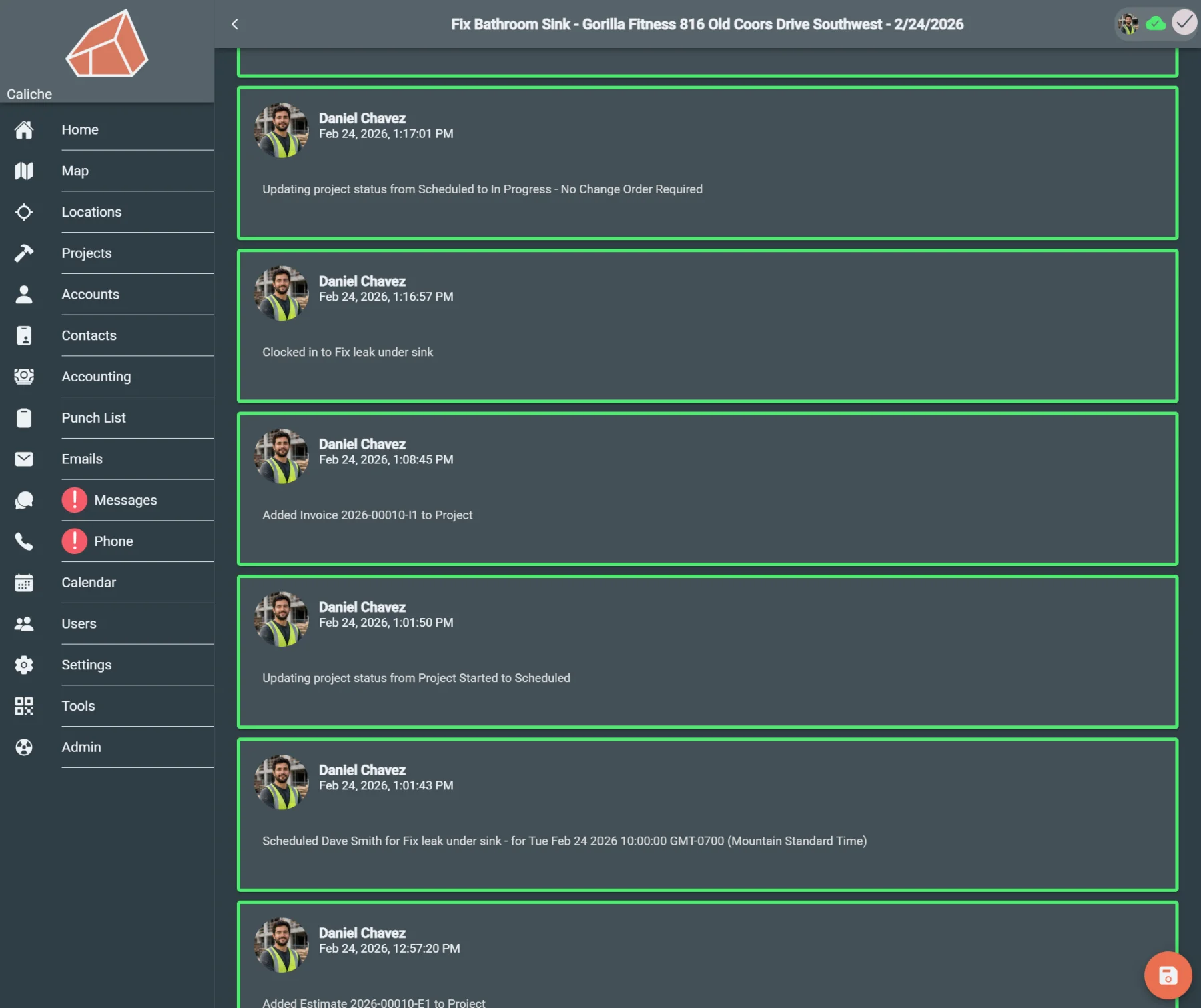 Project logsheets view showing submitted field documentation for a job.