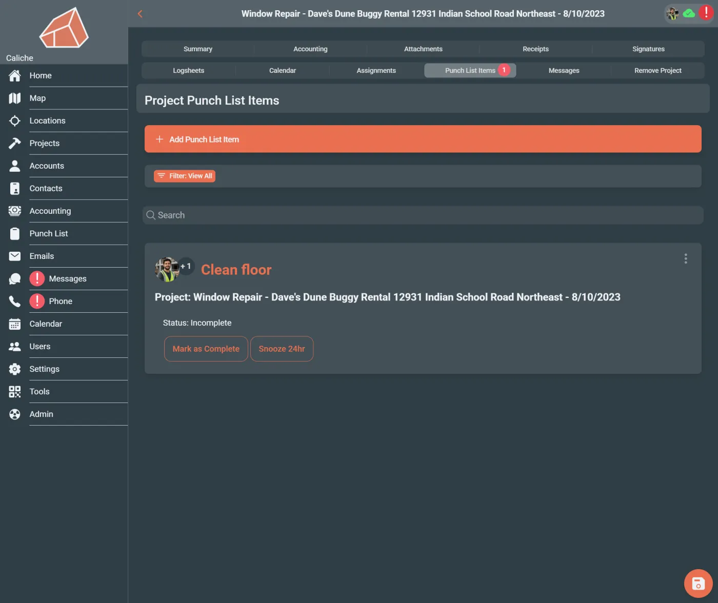 Project summary showing message and punch list indicators for open project work.