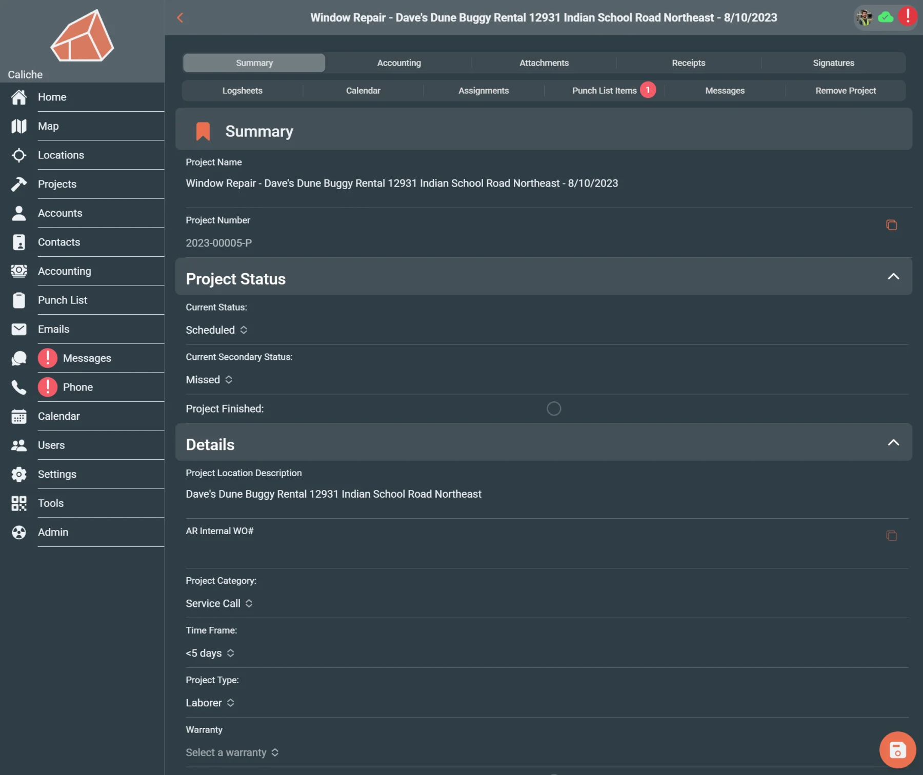 Project workspace showing project summary information and related operational records.