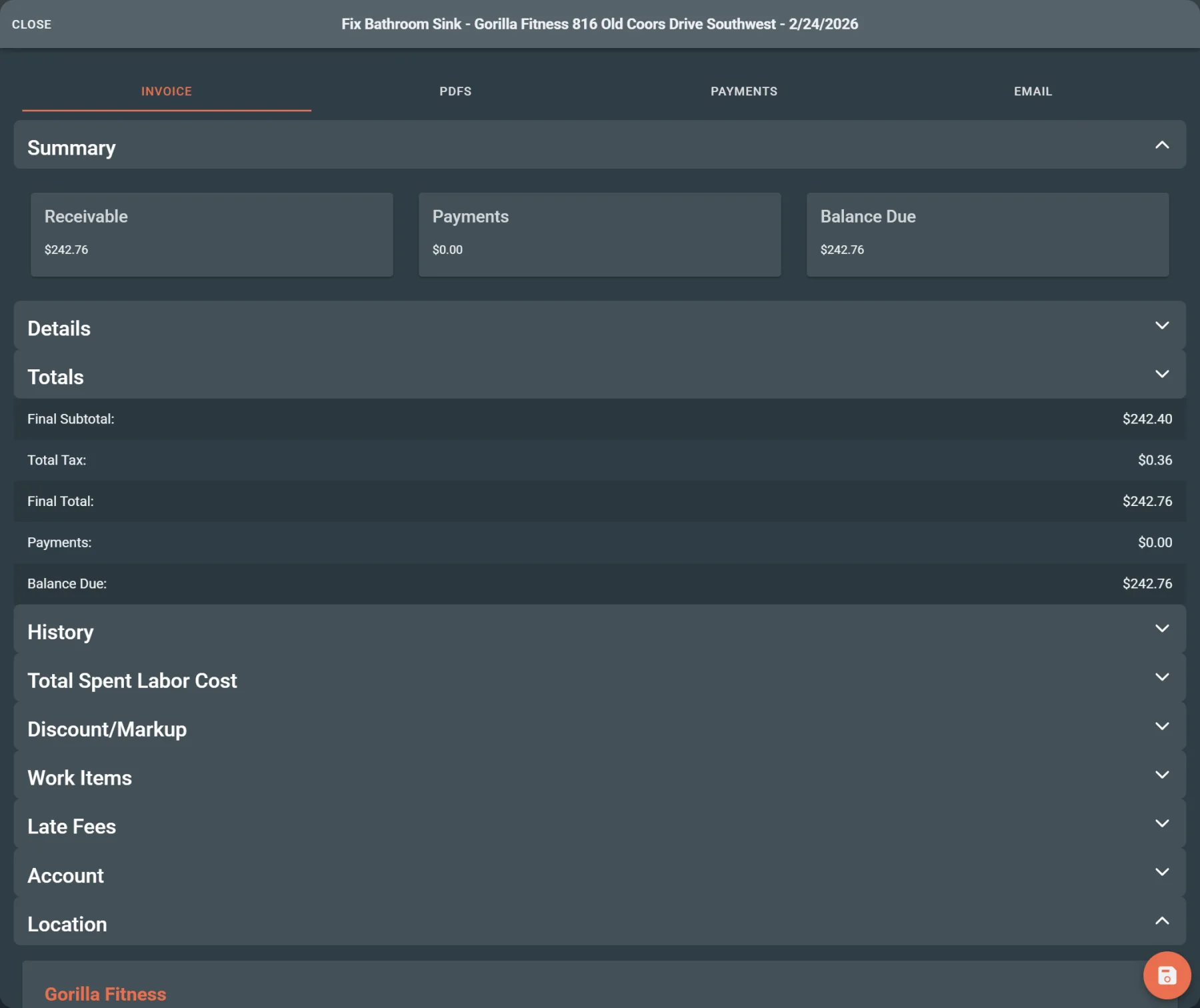Quick create invoice screen for billing construction project work.