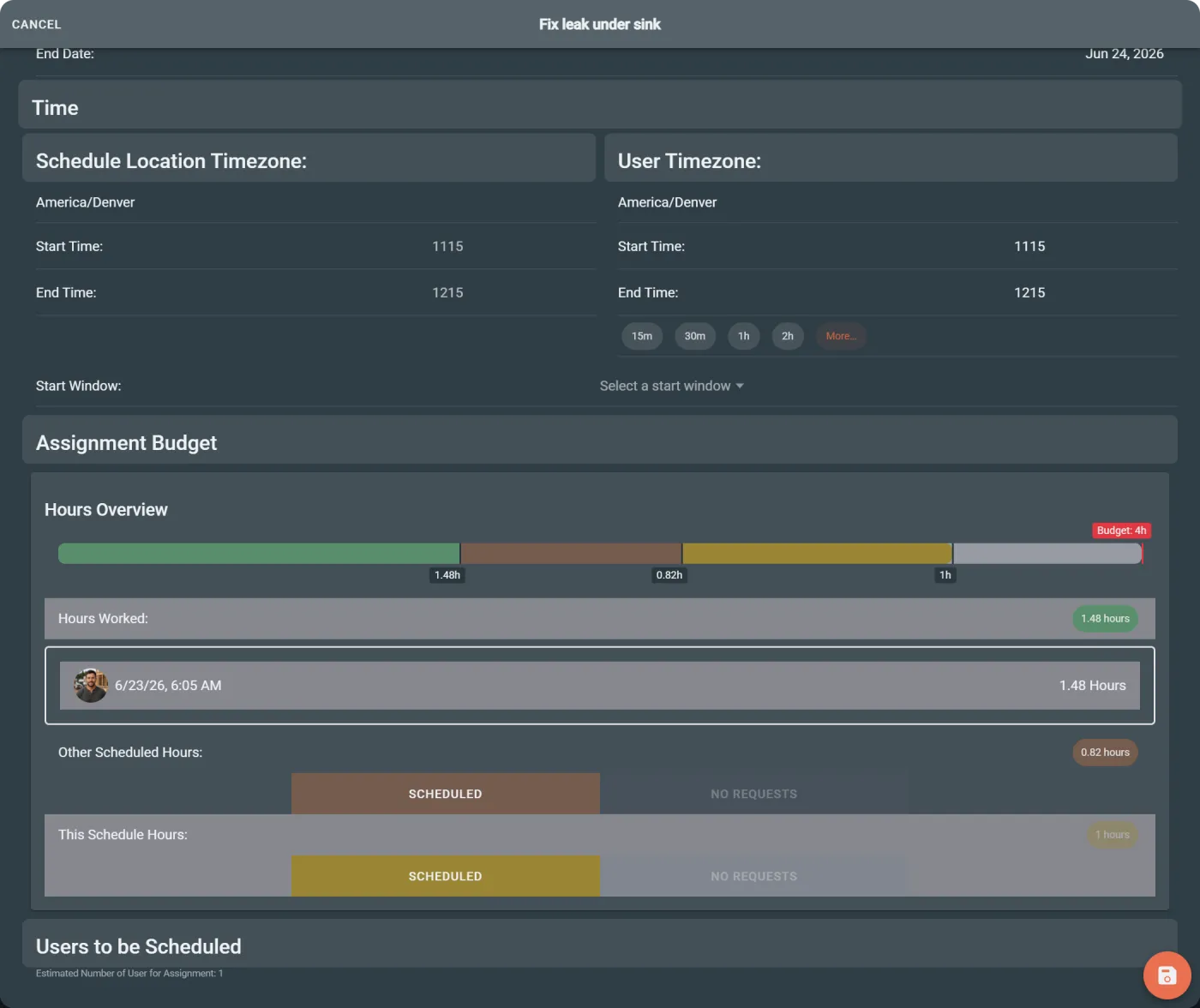 Schedule creator modal with fields for assigning construction work.