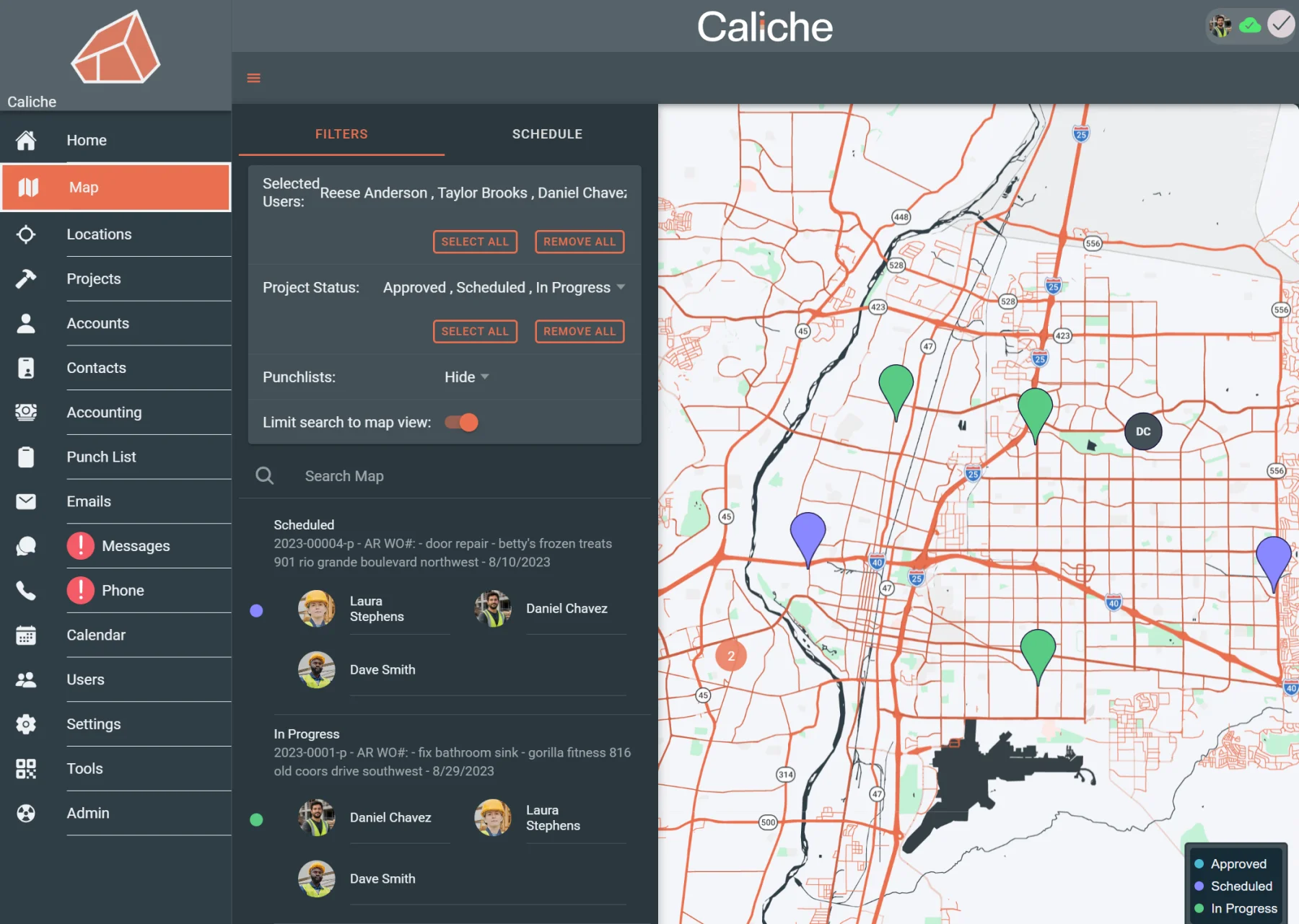 Map overview showing construction jobs, crews, schedules, and markers.